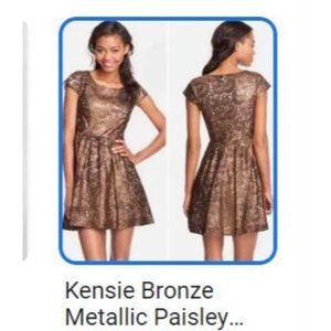 Kensie Metallic Lace Bronze Paisley Dress Cocktail Minidress